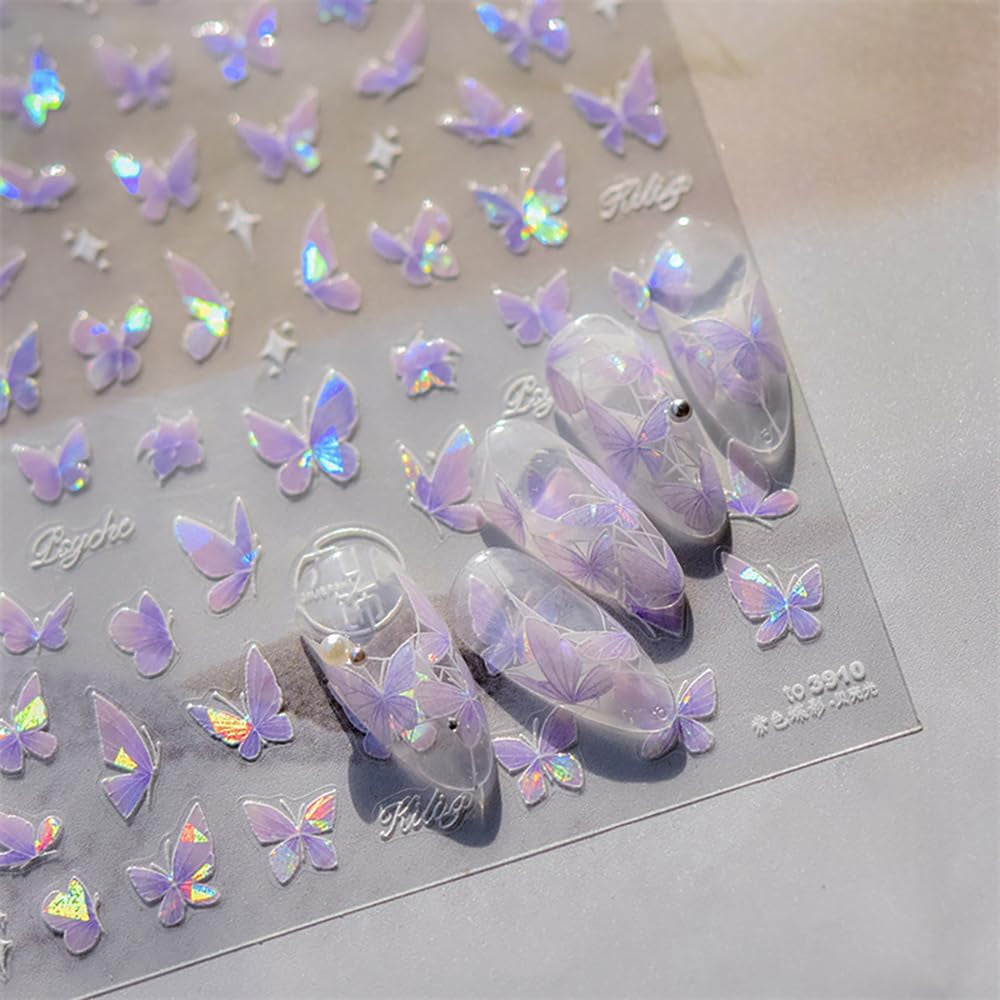 2 Blätter Schmetterling Nagelsticker Selbstklebend,Muschel Glitzer Nail Art Butterfly Nail Sticker Lila Grau Schmetterlinge Nagelaufkleber Relief Laser Butterflies Nagel Sticker Nageldesign Zubehör
