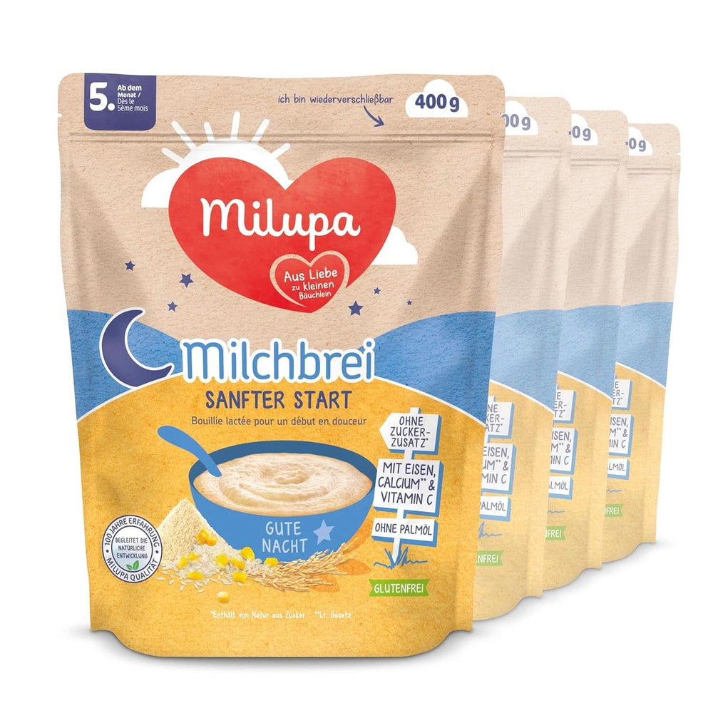 Terci de lapte Milupa Gentle Start – Cereale pentru bebeluși fără gluten, fără ulei de palmier – Fără conservanți și coloranți – De la 5 luni – 4 x 400 g