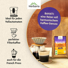 Herbaria BAHATI | BIO Kaffee ganze Bohnen | Naturland Fair zertifiziert aus Ostafrika | ausgewogene Röstaromen mit Noten von gerösteten Nüssen & Schokolade | Kaffeebohnen für Kaffeevollautomaten | 1kg