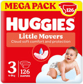Scutece Huggies Ultra Comfort/Little Movers, mărimea 3 (4-9 kg), design Disney, absorbante, protecție integrală, 126 bucăți