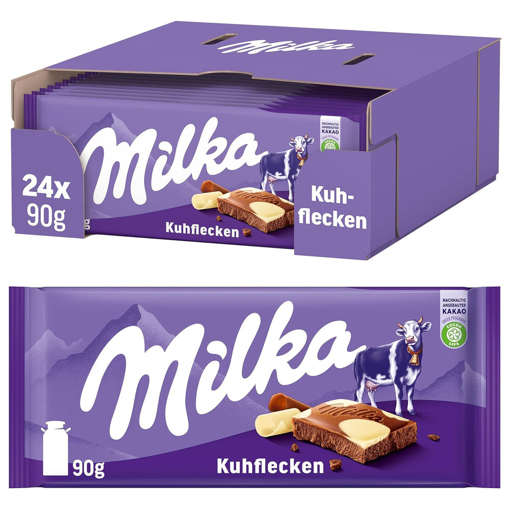 Milka Cow Spots – Ciocolată cu lapte alpină cu ciocolată albă în design cu pete de vacă – 24 x 90g