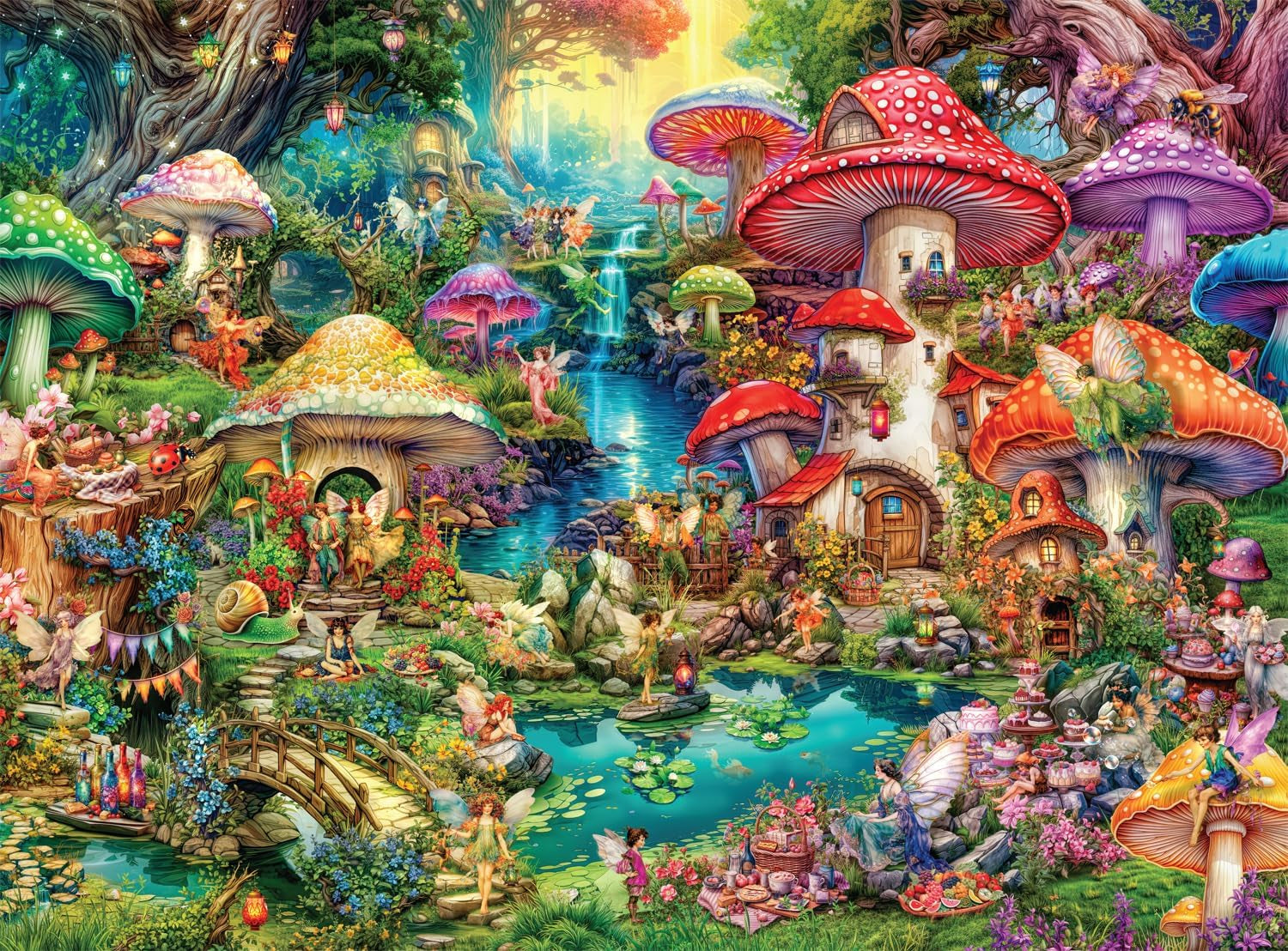 Buffalo Games - Aimee Stewart - Merry Mushroom Village Picnic - Puzzle de 1000 de piese pentru adulți, puzzle provocator, perfect pentru serile de jocuri - Ready Made Size 26.75 X 19.75 Cm Puzzle Naty Shop Titlu implicit