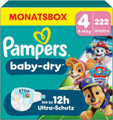 Scutece Pampers Baby-Dry Ediția Patrula Cățelușilor, mărimea 4, 222 de scutece, 9 kg - 14 kg, protecție împotriva scurgerilor de până la 100% și confort toată noaptea