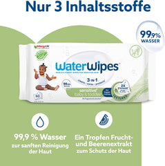 Șervețele umede WaterWipes Sensitive+ pentru bebeluși și copii mici, 720 bucăți (12 pachete), curățare 3 în 1, îngrijire, protecție, 99,9% apă, curățare texturată, fără parfum