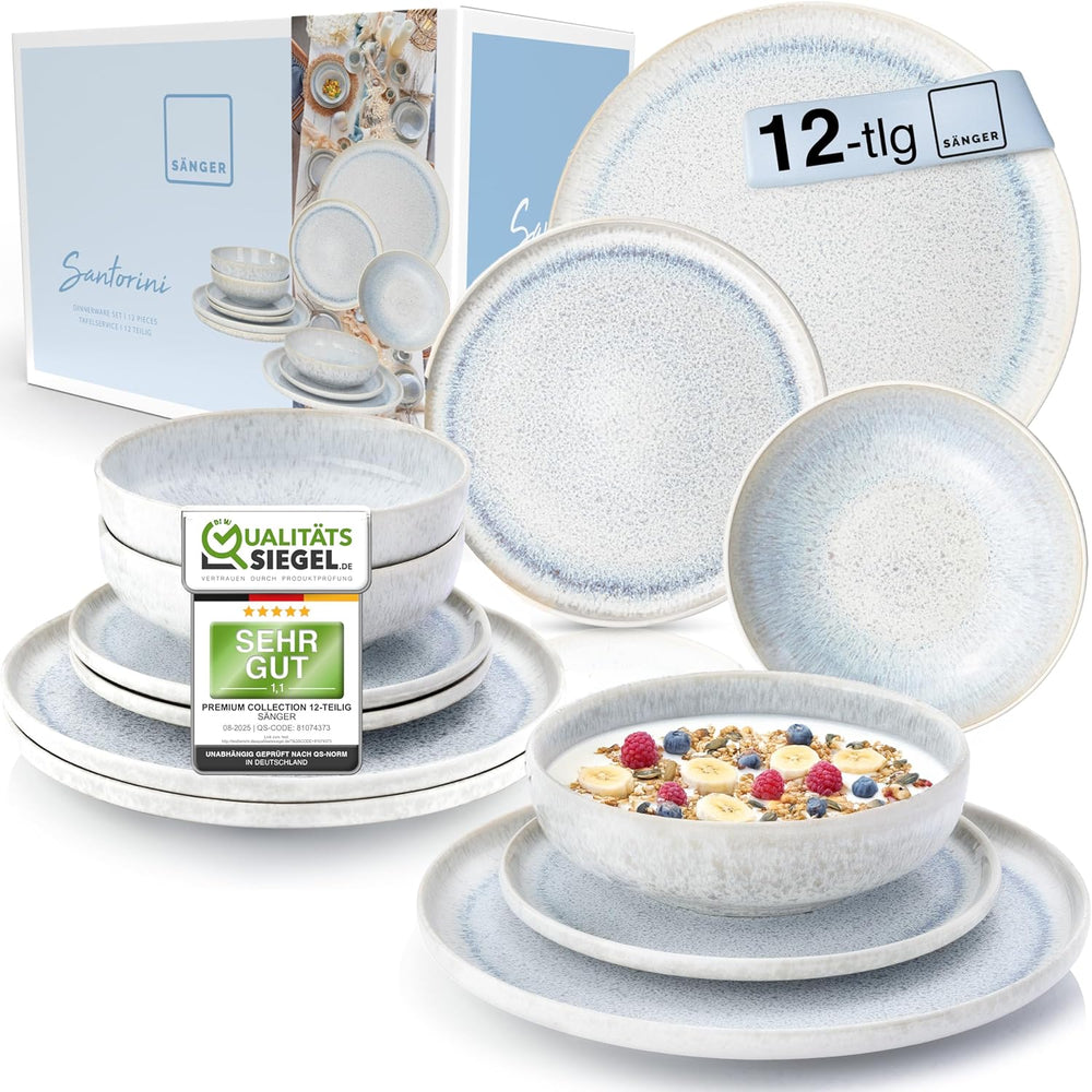 SÄNGER | Set de veselă Santorini cu 12 piese, set de farfurii pentru 4 persoane, evaluat FOARTE BUN, set de veselă din gresie, inclusiv farfurii de cină, farfurii de desert și farfurii de sumă, crem cu gradient liliac-albastru | COLECȚIA PREMIUM