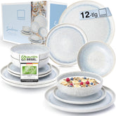 SÄNGER | Set de veselă Santorini cu 12 piese, set de farfurii pentru 4 persoane, evaluat FOARTE BUN, set de veselă din gresie, inclusiv farfurii de cină, farfurii de desert și farfurii de sumă, crem cu gradient liliac-albastru | COLECȚIA PREMIUM