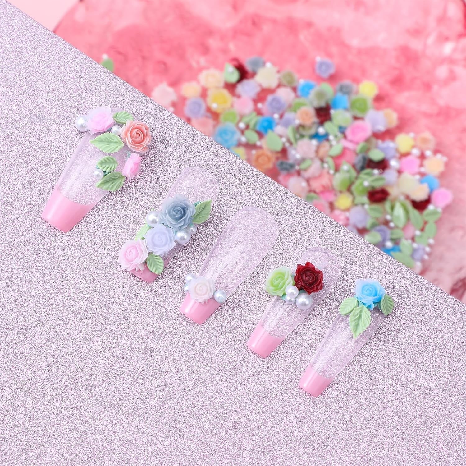 300 Stück Niedlich Blume Nail Charms, 3D Harz Floral Kamelie Rose Nägel Charms Mit Perle, Gemischt Größe Bunte Flower Nägel Deko Für Frauen Nail Art Zubehör