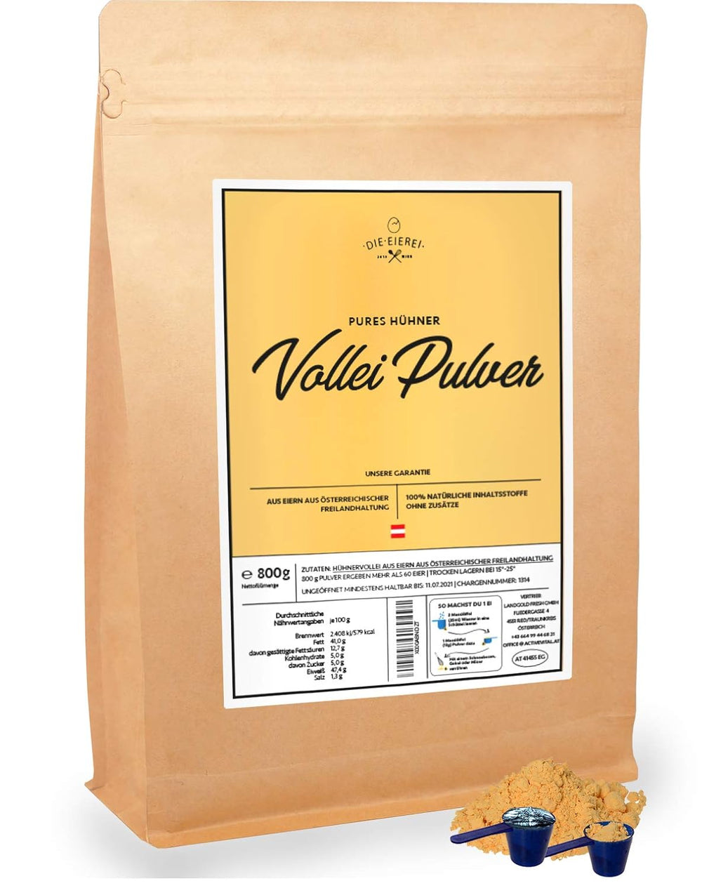 Proteinvital Vollei-Ei-Pulver EIEREI Regional Österreichische Freiland Eier 800g + Anrühr Set, Kraftpapier Doypack mit Zipper