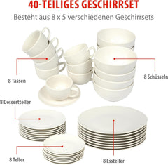 alpina Geschirrset 8 Personen - 40-teiliges Steingut Geschirr - Teller Set mit Speiseteller, Schalen und Kaffeebecher - Camping Geschirr - Mikrowelle- und Spülmaschinengeeignet - Weiß