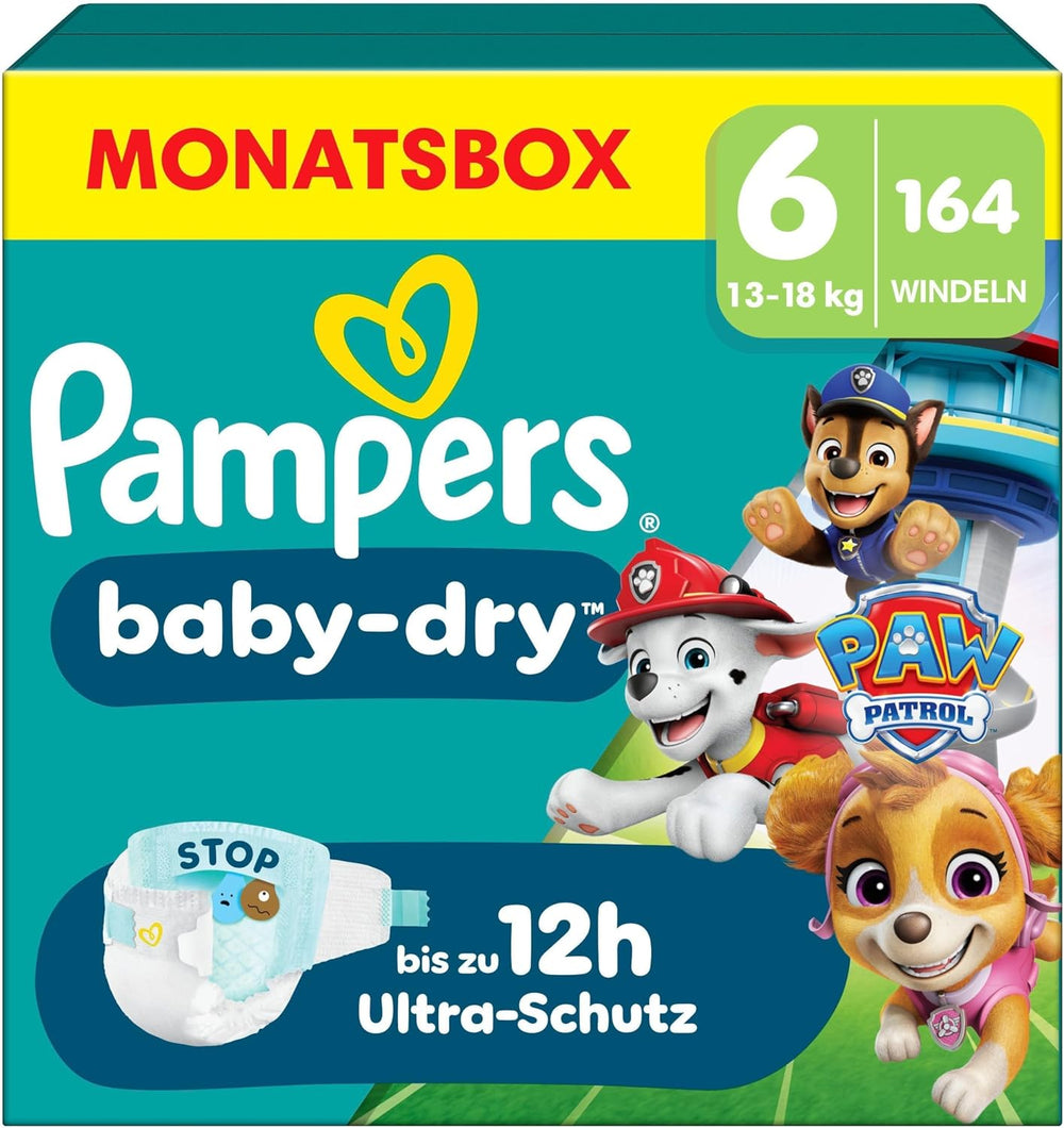 Scutece Pampers Baby-Dry Ediția Patrula Cățelușilor, mărimea 6, 164 de scutece, 13 kg - 18 kg, protecție împotriva scurgerilor de până la 100% și confort toată noaptea