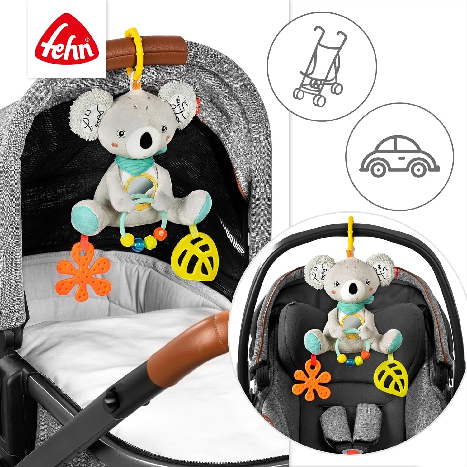 Jucărie Fehn Baby Koala - Jucărie pentru abilități motorii cu inel de fixare - Jucărie cu elemente de prindere - Jucărie pentru copii pentru mușcat, prindere și descoperire - Jucărie drăguță pentru bebeluși și copii mici de la 3+ luni Jucarii Bebe Naty Shop