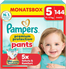 Pampers Premium Protection Pants mărimea 5, 144 scutece, 11 kg - 17 kg, cu ajustare la 360° și manșete moi anti-scurgere pentru confort și protecție optime