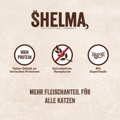 Shelma Hrană umedă pentru pisici Megapack cu carne de vită, curcan, pui și rață – Hrană completă fără cereale cu conținut ridicat de carne – 40 x 85 g (3,4 kg)