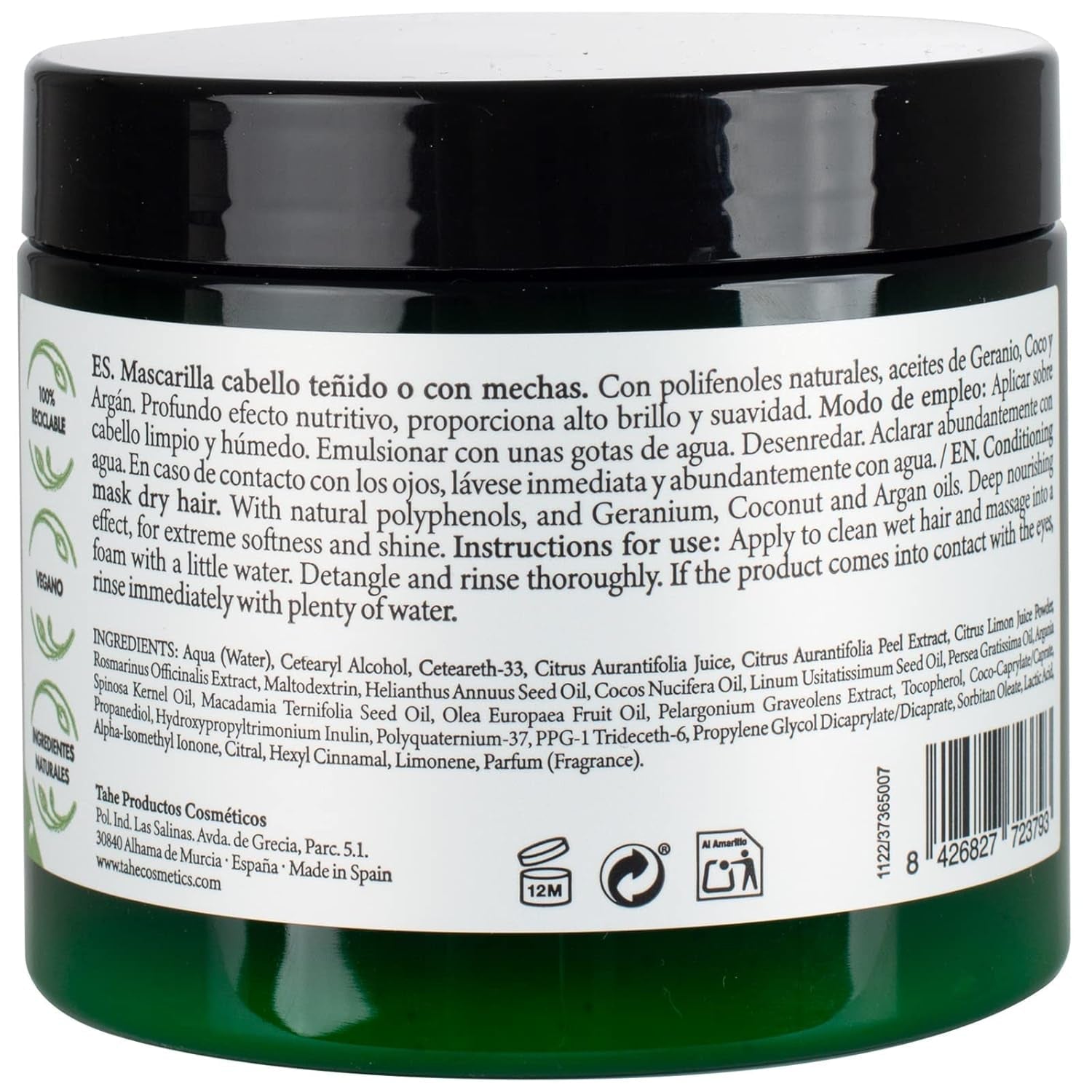 Mască de păr naturală pentru păr vopsit sau evidențiat cu polifenoli naturali, geranium, nucă de cocos și ulei de argan, 400 ml Masca de par Naty Shop
