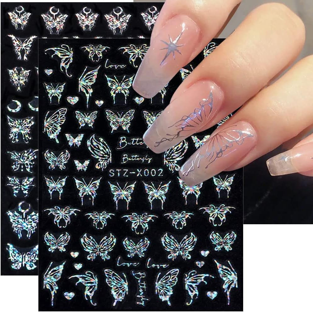 6 Blatt Schmetterling Nagelsticker Selbstklebend Laser Silber Schmetterlings Nagelaufkleber 3D Aurora Silber Schwarz Schmetterlinge Nagel Stickers Frühling Nageldesign Nail Sticker Nail Art Zubehör