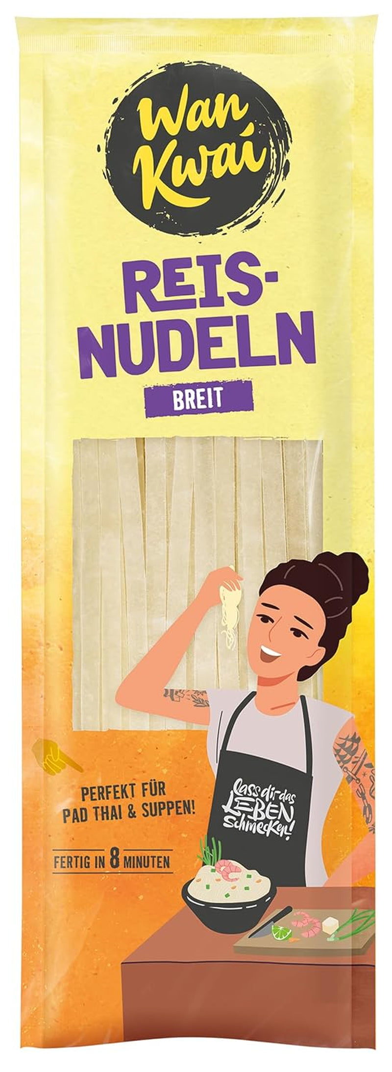 Tăiței lați de orez Wan Kwai 250g – Varietate autentică pentru Pad Thai, supe și multe altele. Vegani și fără gluten. Gata în 8 minute.