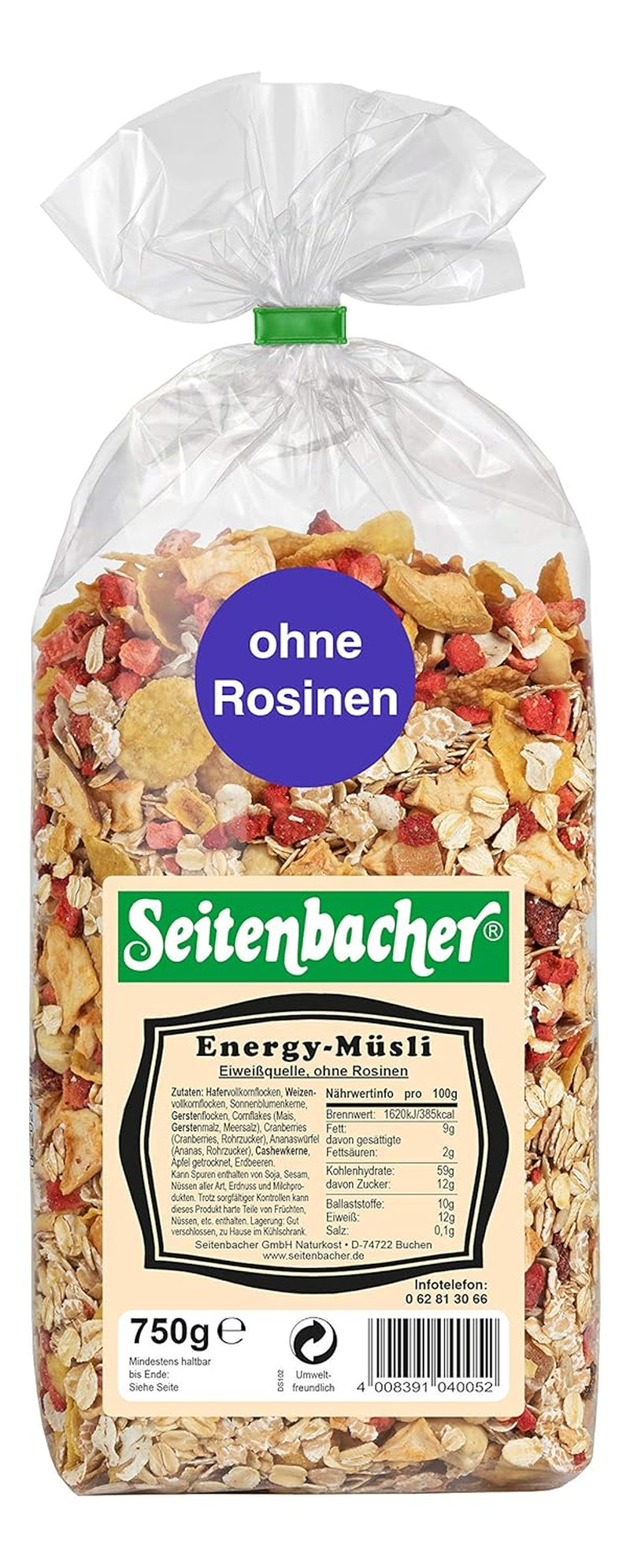 Seitenbacher Energy-Müsli I Ohne Rosinen I Vollkorn (1 X 750 G) Cereale Naty Shop 750 G (1Er Pack)