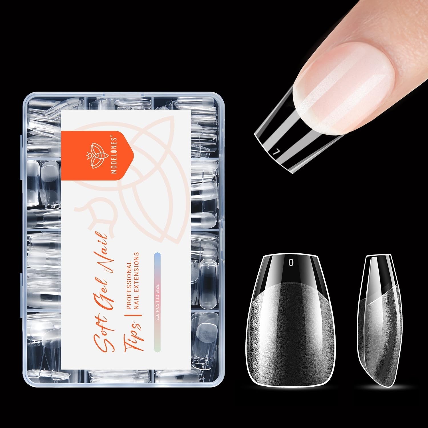 Modelones Tips Unghii 216 Piese - Set Tips Unghii Acoperire Completă, Set Tips Gel Moale, Tips Unghii Rășină PMMA Pre-Lustruire, Unghii Artificiale pentru Lipire pe Nail Art DIY, Migdale Scurte XS