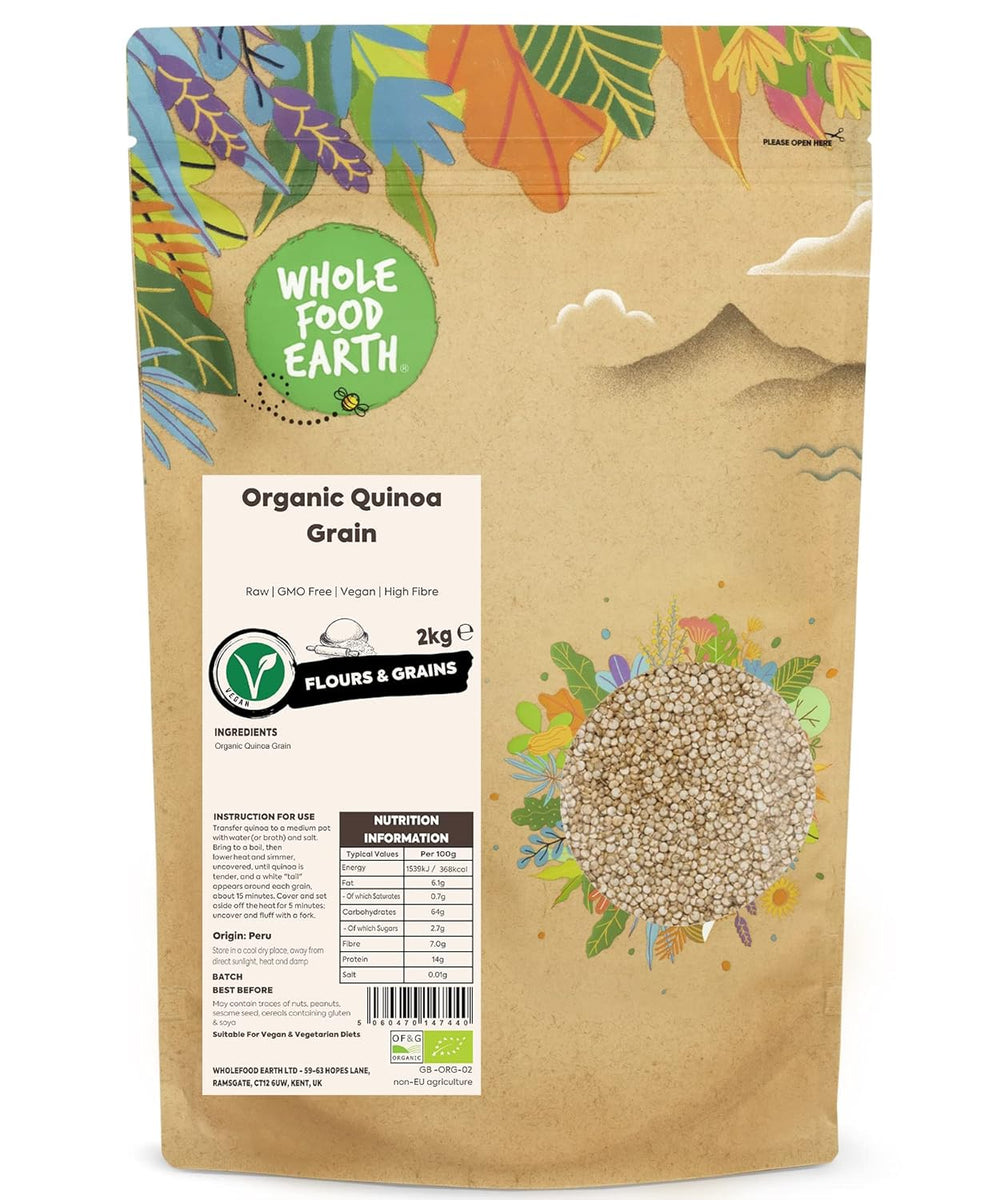 Boabele de quinoa organică Wholefood Earth – 2kg | Crudă | Fără OMG | Vegană | Bogată în fibre | Certificată organică