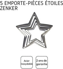 Zenker 44813 Set de 5 forme de biscuiți în formă de stea, Set de 5 forme de patiserie în formă de stea, Oțel inoxidabil, Argintiu, 6-12 x 2,5 cm