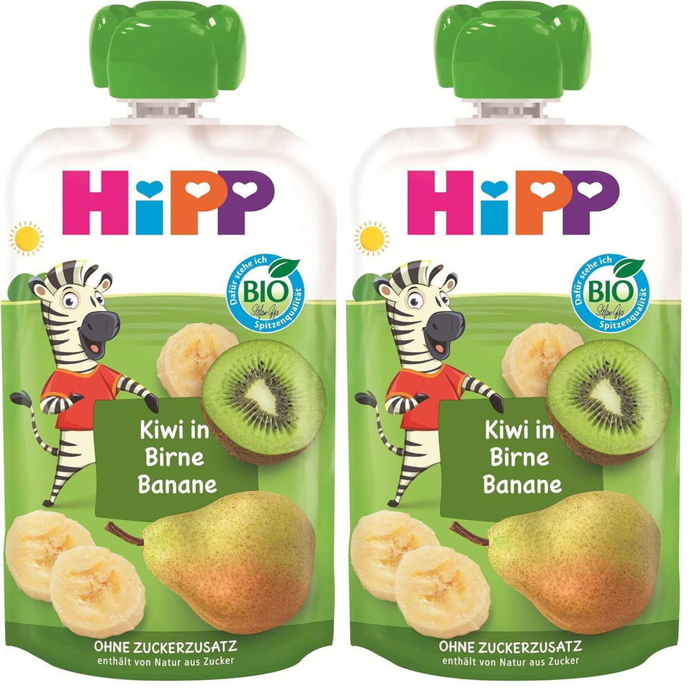HiPP Bio Quetschie Kiwi in Birne-Banane - Charlie Zebra (8 x 100g), ab 1 Jahr, 100% Fruchtpüree, ohne Zuckerzusatz, vegan, in bester Bio-Qualität (Packung mit 2)