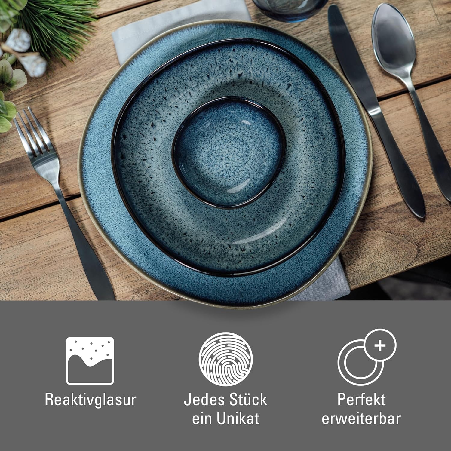 Like. by Villeroy & Boch - Lave Gris Geschirr Set Aus Steingut, 4Tlg., Pottery Look, Tafelservice Für 2 Personen, Grau Seturi vesela masa Naty Shop