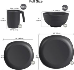 Set de veselă din PP | Set de veselă ușor și indestructibil, format din 16 piese, pentru copii și adulți, set combinat de masă cu 4 farfurii, 4 farfurii de desert, 4 boluri, 4 cești pentru 4 persoane