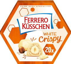 Ferrero Küsschen White Crispy – Cadou de Ziua Îndrăgostiților pentru el și ea – Alune prăjite crocante în cremă ușoară cu chipsuri crocante, acoperite cu ciocolată albă, 1 pachet de 20 de praline individuale