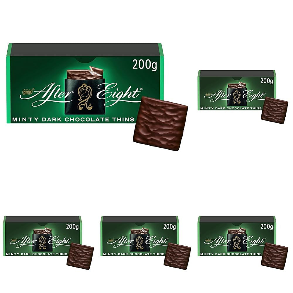 NESTLÉ AFTER EIGHT, pătrățele subțiri de ciocolată neagră cu umplutură de cremă de mentă pentru cunoscători, pachet de 5 (1 x 200g)