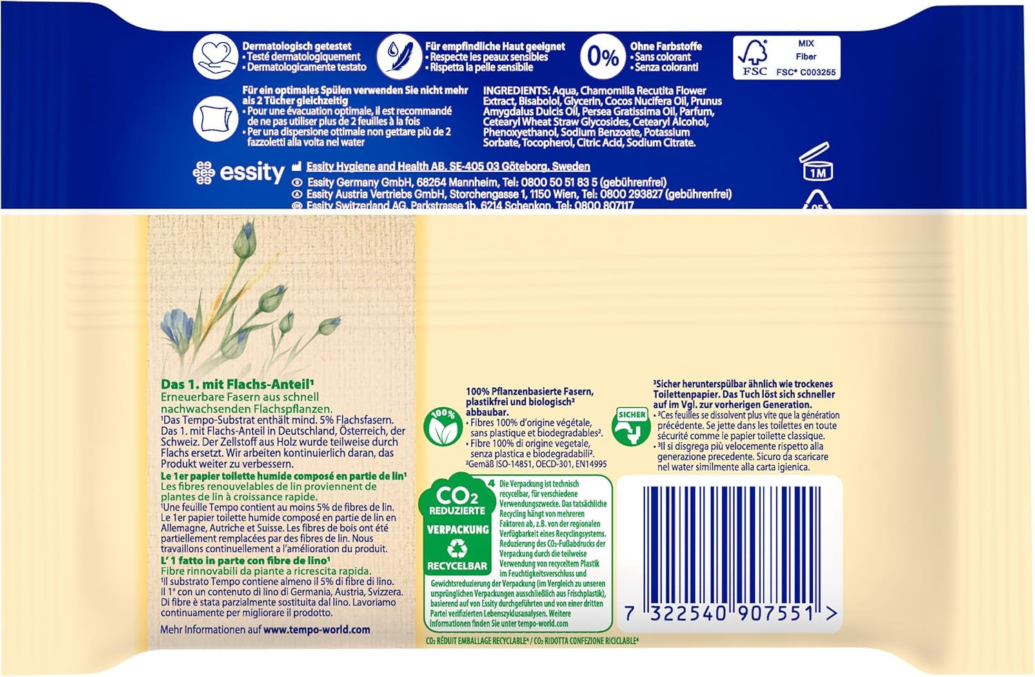 Șervețele umede de toaletă Tempo "Gentle & Caring" - Megapack - 16 pachete a câte 42 de șervețele - Duo Packs - cu mușețel natural - hârtie igienică, testată dermatologic și neutră față de Ph-ul pielii