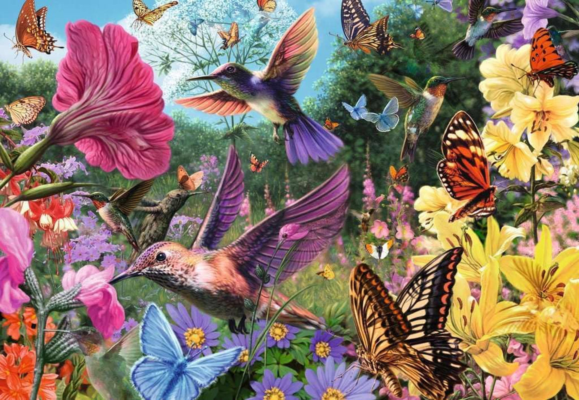 Ravensburger Puzzle 12001369 - Colibri și fluturi - puzzle de 200 de piese pentru persoane în vârstă și seniori, cu piese de puzzle mai mari, cu aderență, șablon cu imagine mare și cu bază pentru puzzle Puzzle Naty Shop