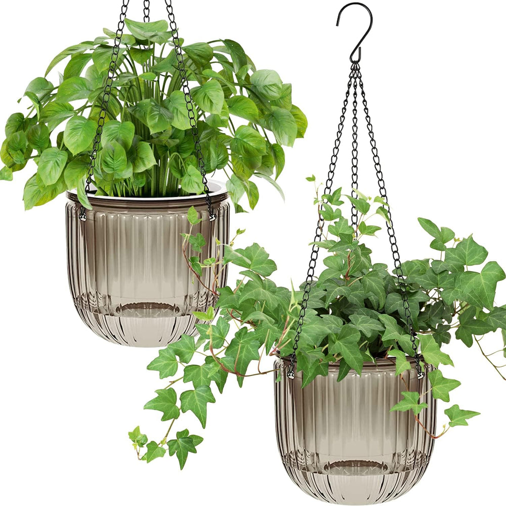 Set de 2 jardiniere suspendate cu auto-udare, ghivece de flori suspendate de interior de 16,5 cm cu 3 cârlige și găuri de drenaj pentru utilizare în interior și exterior, tavane, balcoane și decorațiuni de perete (gri)