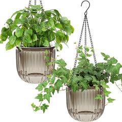 Set de 2 jardiniere suspendate cu auto-udare, ghivece de flori suspendate de interior de 16,5 cm cu 3 cârlige și găuri de drenaj pentru utilizare în interior și exterior, tavane, balcoane și decorațiuni de perete (gri)