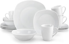 Set de veselă MALACASA pentru 4 persoane, serviciu de masă cu 16 piese din porțelan alb, set de veselă modern cu 4 farfurii de cină, farfurii de desert, farfurii de sumă și cești, seria ELISA
