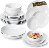 Set de veselă MALACASA pentru 12 persoane, Set de veselă modern din porțelan Amelia, 48 de piese, Serviciu de masă cu 12 farfurii de cină, farfurii de desert, farfurii de sumă și boluri pentru cereale, Set de farfurii modern pentru 12 persoane - Alb