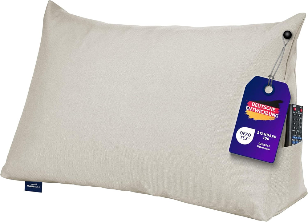 Pernă confortabilă Traumnacht Cozy Back, pernă de citit, 70 x 40 cm bej, husă detașabilă și lavabilă din 100% poliester, buzunar lateral practic, certificată Oeko-Tex, produsă conform standardelor germane de calitate