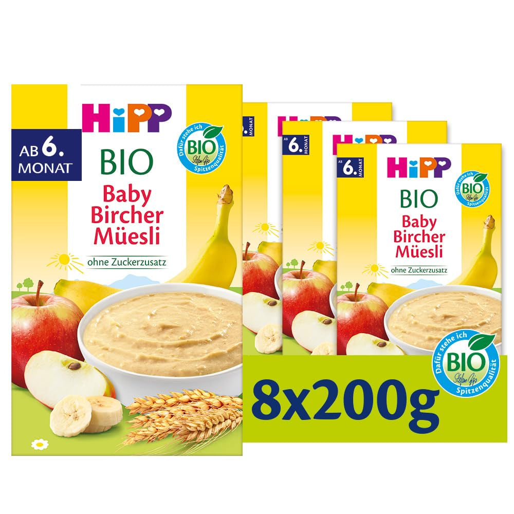 HiPP Organic Baby Bircher Muesli (8 x 250g), de la 6 luni, fără zahăr adăugat, fulgi de cereale extra fragezi - mic dejun ușor digerabil, de cea mai bună calitate organică