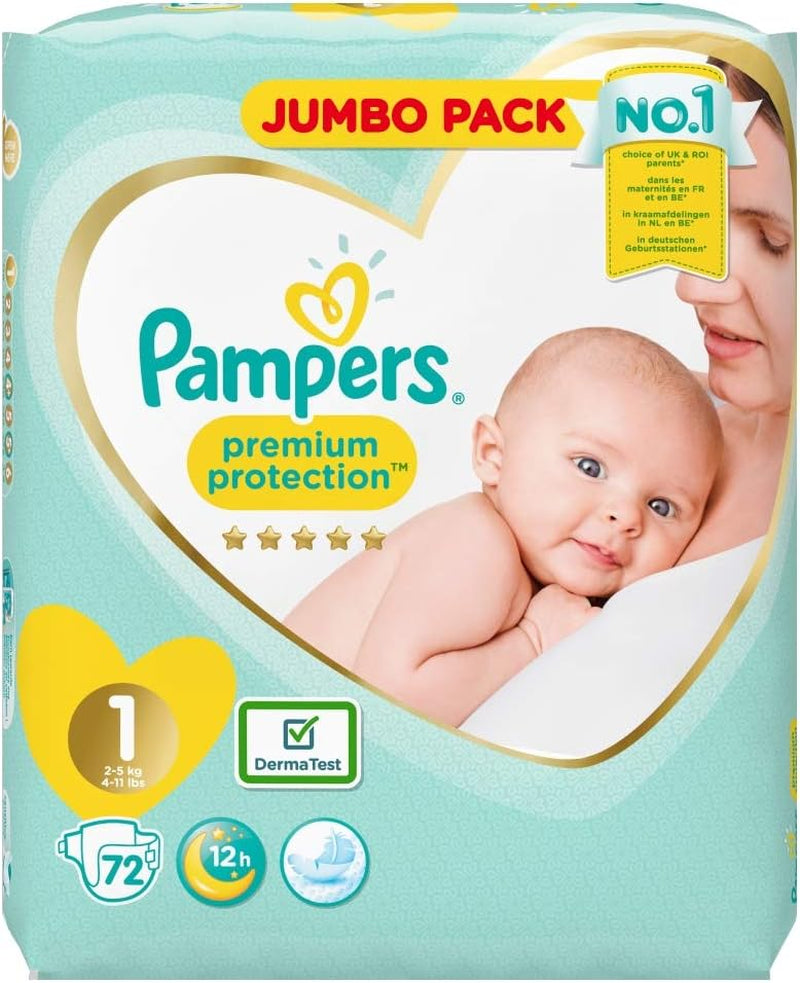Scutece Pampers Premium Protection pentru bebeluși noi, pachet Jumbo, mărimea 1, 72 bucăți
