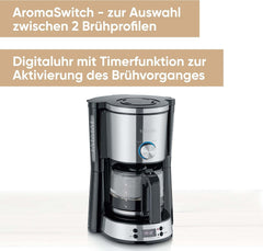 Espressor SEVERIN „TypeSwitch” cu carafă de sticlă și cronometru, AromaSwitch pentru alegerea a 2 opțiuni de preparare, ceas digital cu funcție de cronometru, pentru până la 10 cești, 1000W, oțel inoxidabil periat-negru, KA 4826