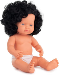 Miniland Dolls: europäische Babypuppe Mädchen mit schwarzen Locken, 38cm, aus weichem Vinyl, in transparenter Tüte. (31232)