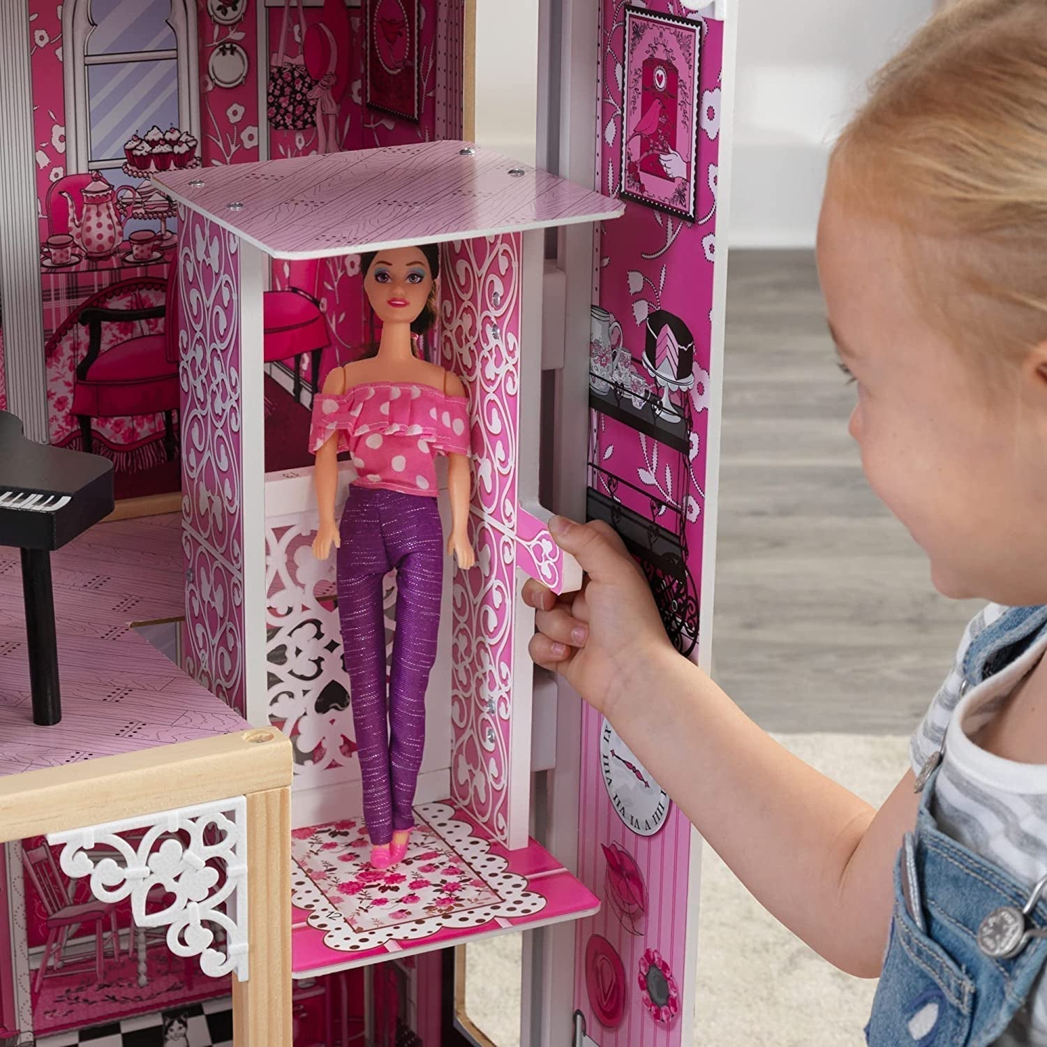 Casă de păpuși din lemn Kidkraft Amelia cu mobilier și accesorii, set de joacă cu balcon și lift pentru păpuși de 30 cm, jucărie pentru copii de la 3 ani, 65093 Casute de papusi Naty Shop
