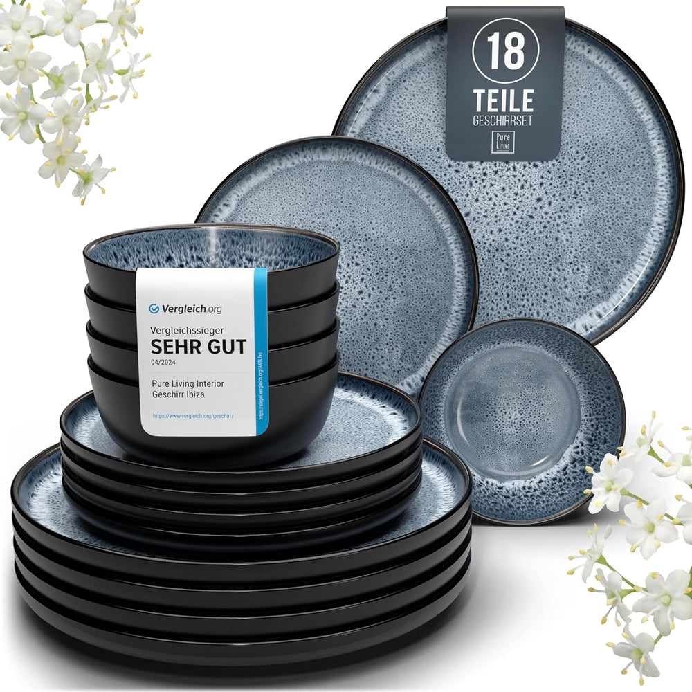 Set de veselă din gresie ceramică, format din 18 piese, pentru 6 persoane, design Ibiza, CÂȘTIGĂTOR AL TESTULUI. Un set de veselă mediteranean superb, din gresie ceramică, inclusiv boluri și farfurii. Set de veselă Pure Living în albastru fumuriu.