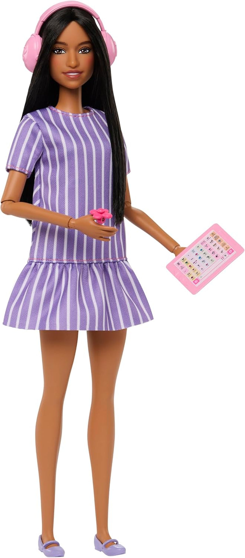 Păpușa Barbie Fashionistas nr. 245, păpușă autistă cu rochie mov cu dungi și accesorii precum fidget spinner, tabletă și căști, JJN58