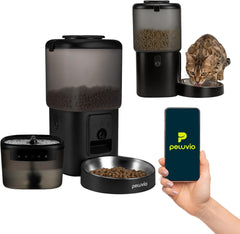 Hrănitor automat pentru pisici Feast cu aplicație și cameră, video live cu vedere nocturnă și audio bidirecțional, control al porțiilor, bol din oțel inoxidabil, fântână de băut pentru pisici cu filtru, 4,5 l și 2,5 l