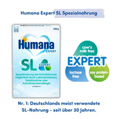 Humana SL Expert, de la naștere, formulă specială pentru intoleranța la laptele de vacă cauzată de intoleranță la lactoză, galactozemie sau alergie la proteinele din laptele de vacă, pentru sugari și copii mici, 600 g