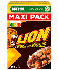 Cereale Nestlé Lion, Fulgi de porumb cu aromă de ciocolată și caramel, 41% cereale integrale vitale, cu vitamine și minerale, Fulgi crocanți, Pachet Maxi Value, Pachet de 4 (4 x 675g)