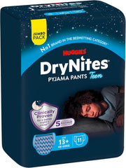 Scutece Huggies DryNites Nighttime pentru enurezis, pentru băieți de la 13 la aproximativ 17 ani (48-60 kg), 33 de bucăți (3x11), pachet lunar Jumbo, chiloți XL