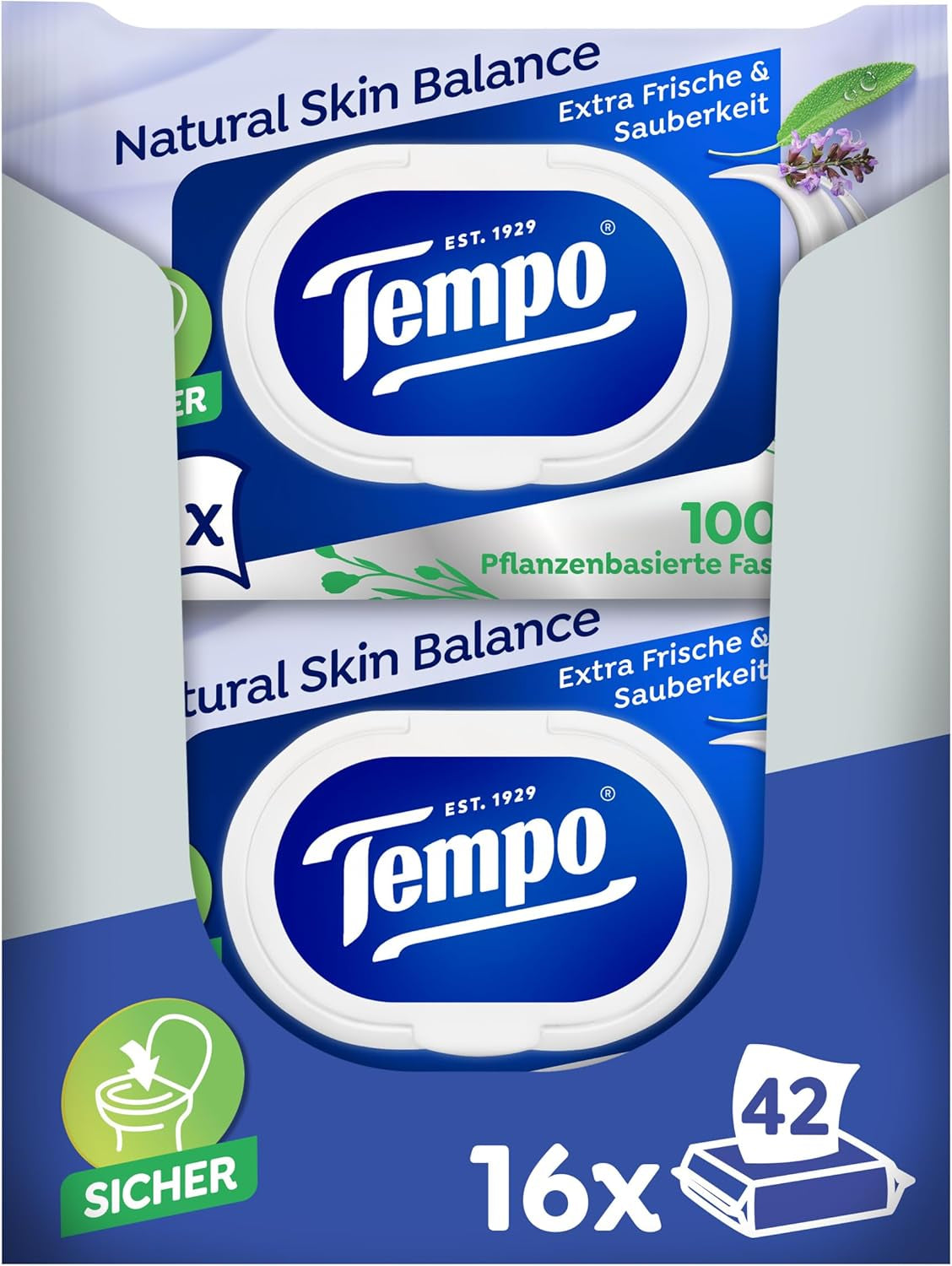 Tempo Șervețele umede de toaletă Natural Skin Balance -16 pachete a câte 42 de șervețele - Cu pantenol și extract din plante - Înlăturabile