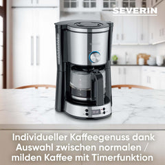 Espressor SEVERIN „TypeSwitch” cu carafă de sticlă și cronometru, AromaSwitch pentru alegerea a 2 opțiuni de preparare, ceas digital cu funcție de cronometru, pentru până la 10 cești, 1000W, oțel inoxidabil periat-negru, KA 4826