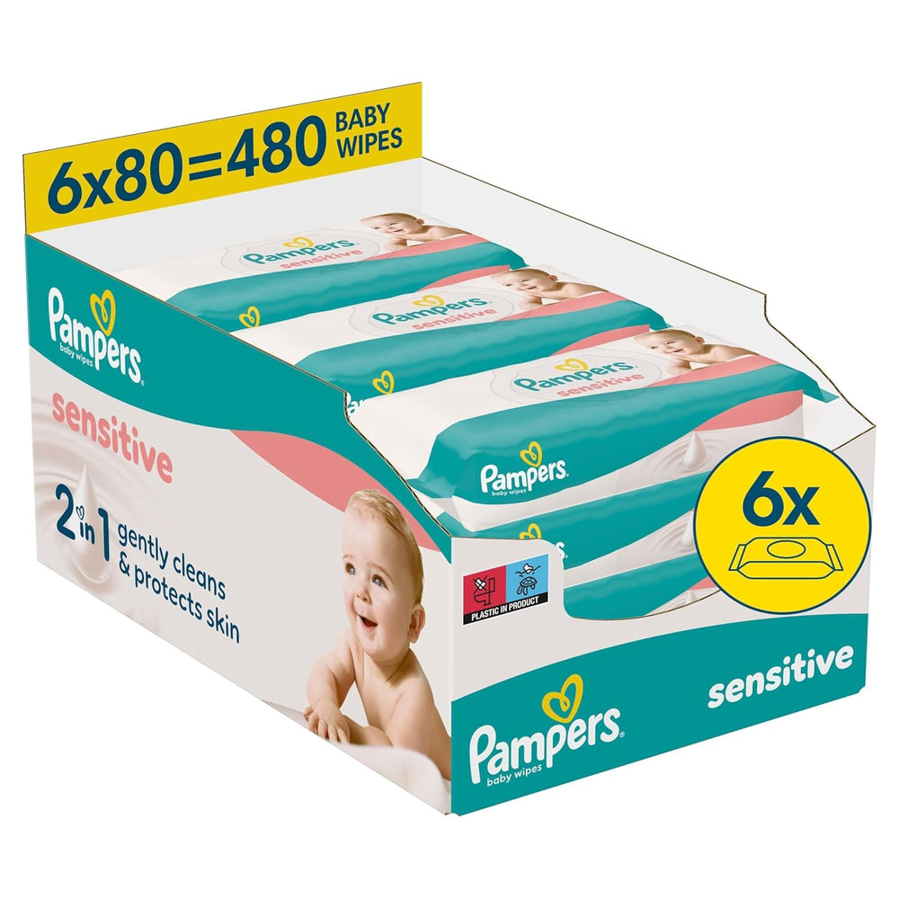 Șervețele umede Pampers Sensitive, 6 pachete a câte 80 de șervețele = 480 de șervețele, fără parfum, pentru o curățare delicată și delicată